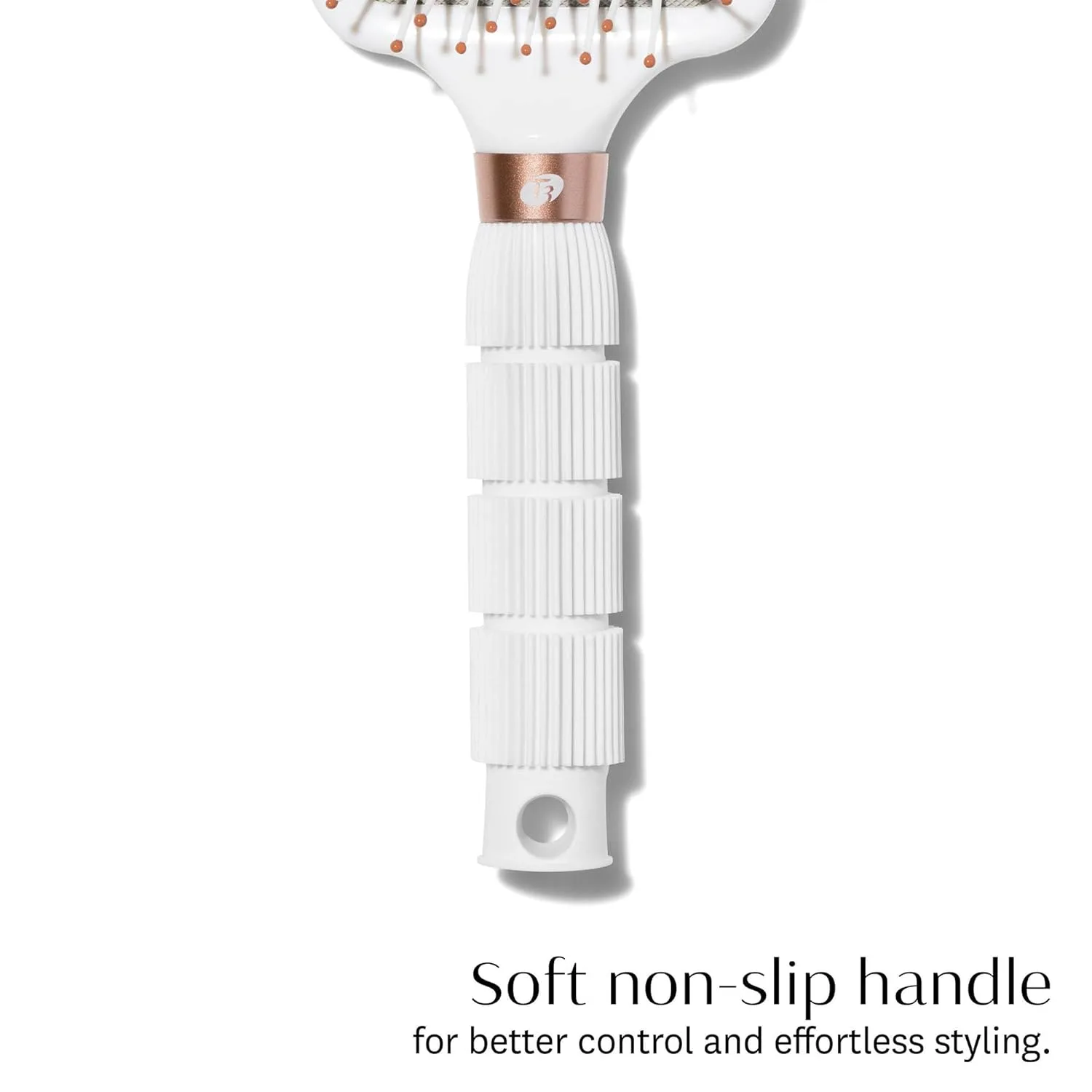 Расческа-щетка T3 Smooth Paddle Brush | Мягкий корпус и широкое плоское основание для бережной укладки | Термостойкие щетинки, White/Rose Gold — фото 4
