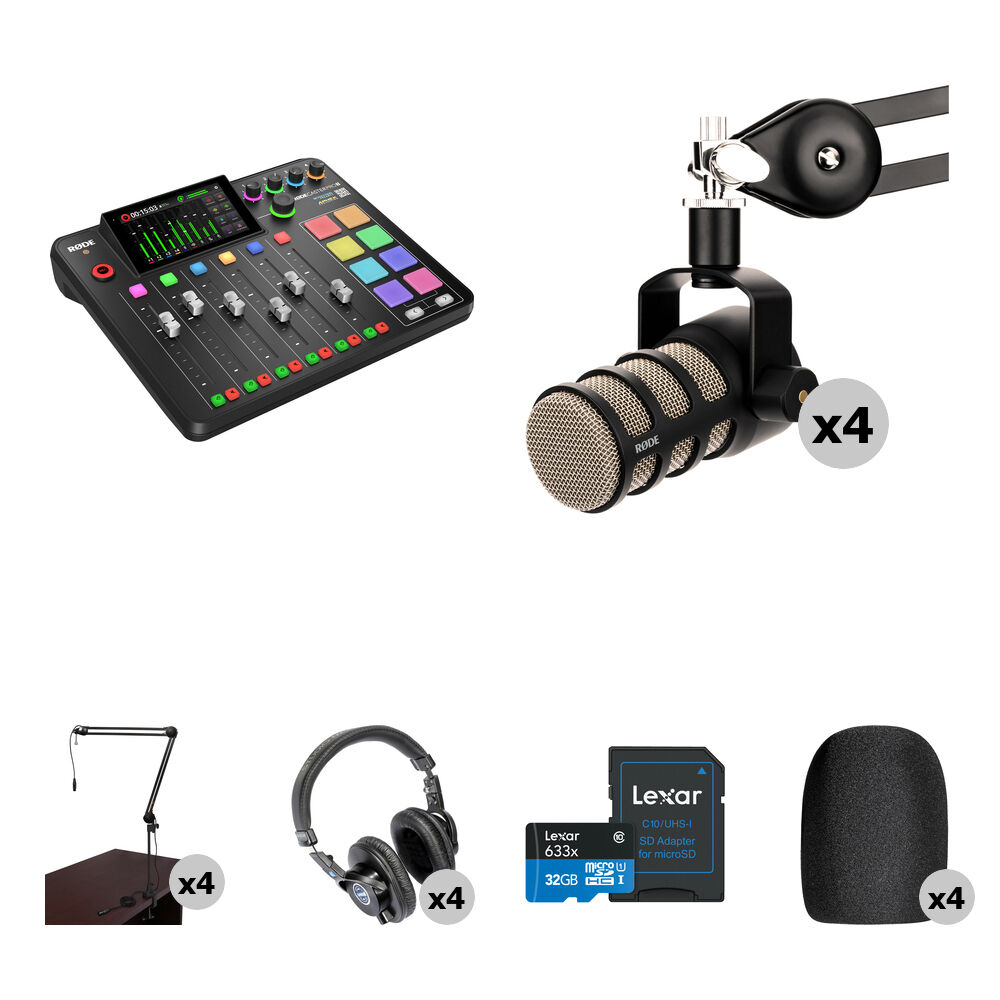 

Комплект для подкастинга RODE RODECaster Pro II на 4 человека с микрофонами PodMics, вещательными держателями и наушниками