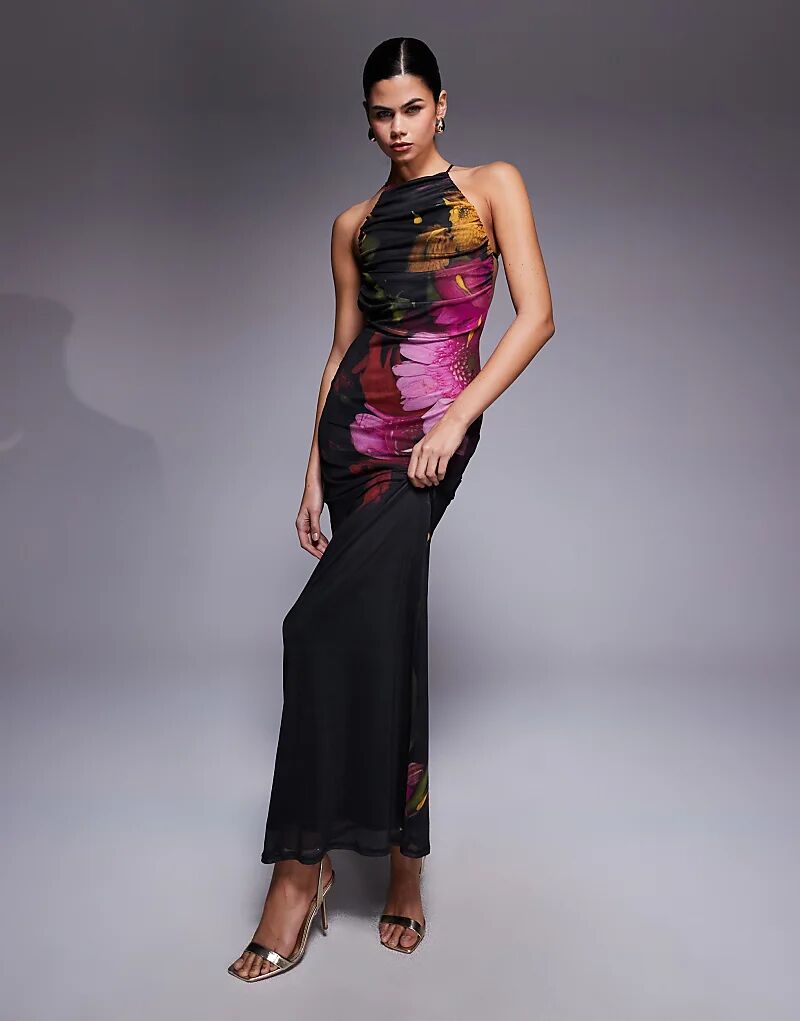 

Платье макси ASOS DESIGN с сетчатым воротом-халтер и отделкой на спине, с цветочным принтом