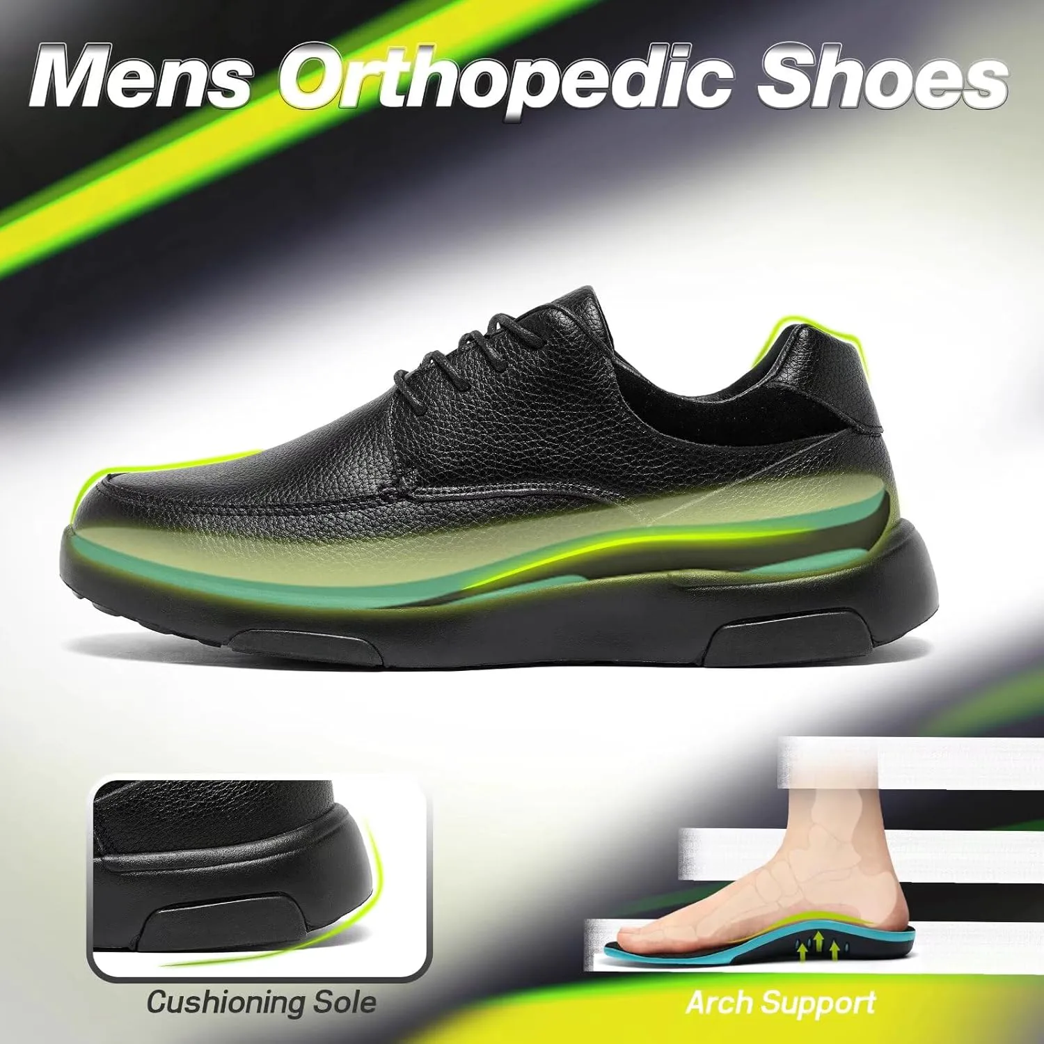 Мужские ортопедические кожаные туфли OrthoComfoot: удобные модные кроссовки при подошвенном фасците с поддержкой свода стопы, повседневные рабочие туфли для бизнес-образа, облегчающие боль в стопе и пятке, черный — фото 2