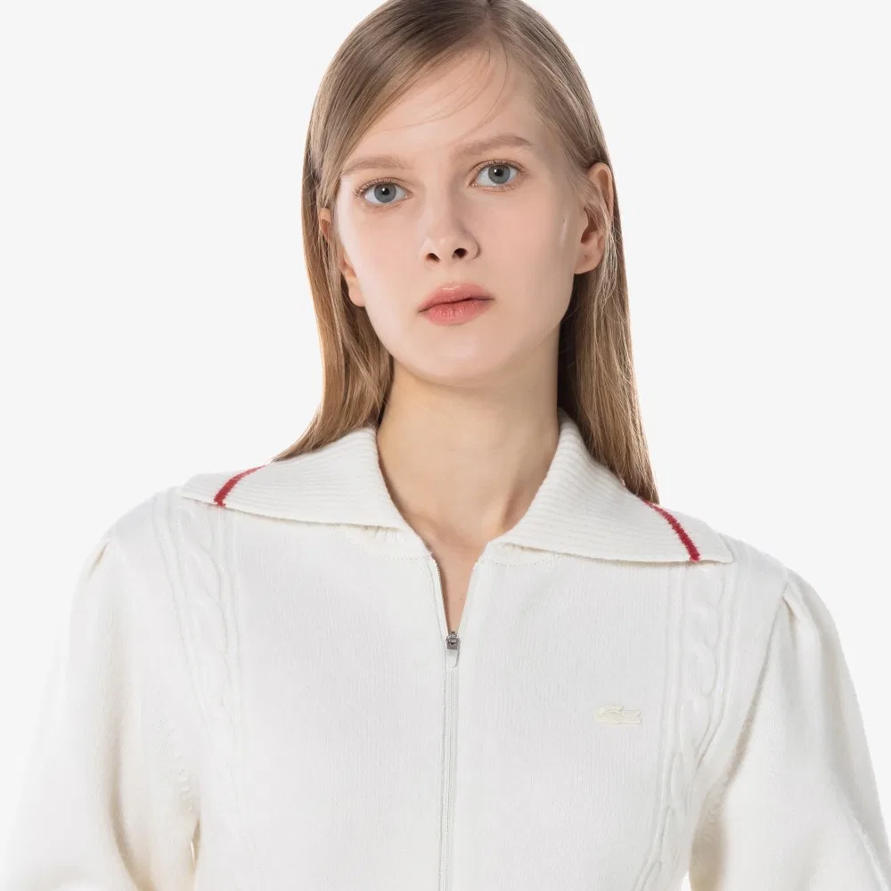 Кардиган Lacoste вязаный короткий на молнии, шерстяной, молочно-белый — фото 3