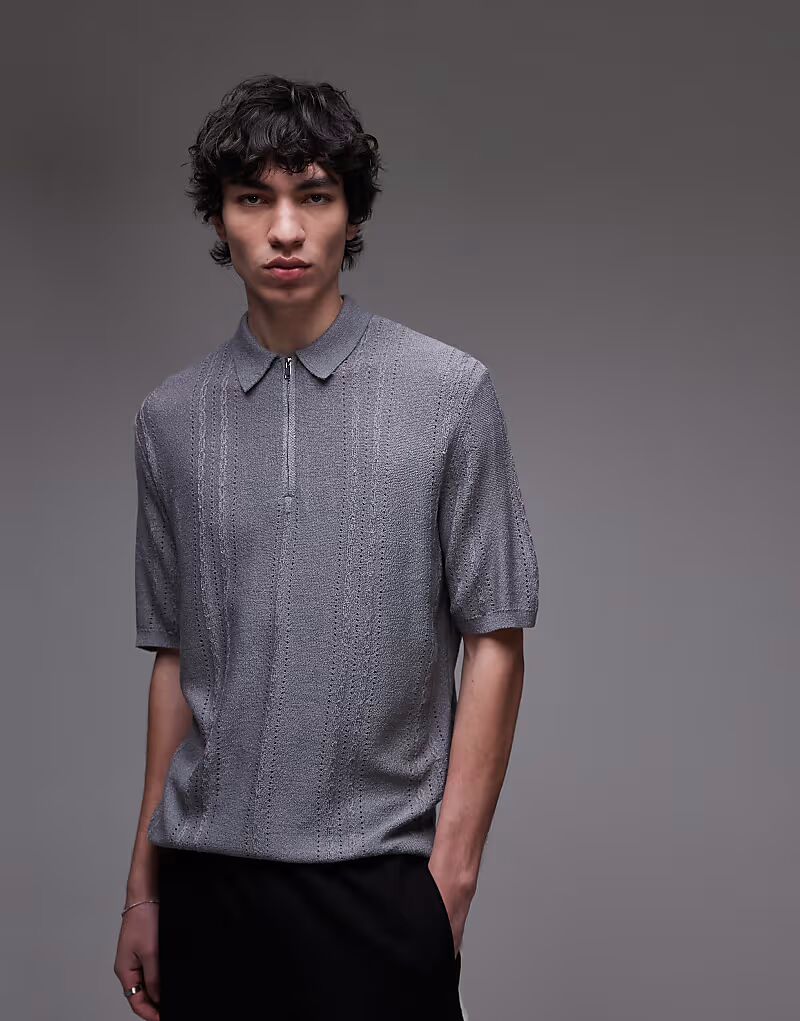 

Трикотажная рубашка-поло Topman с короткими рукавами и фактурной молнией 1/4 серого цвета