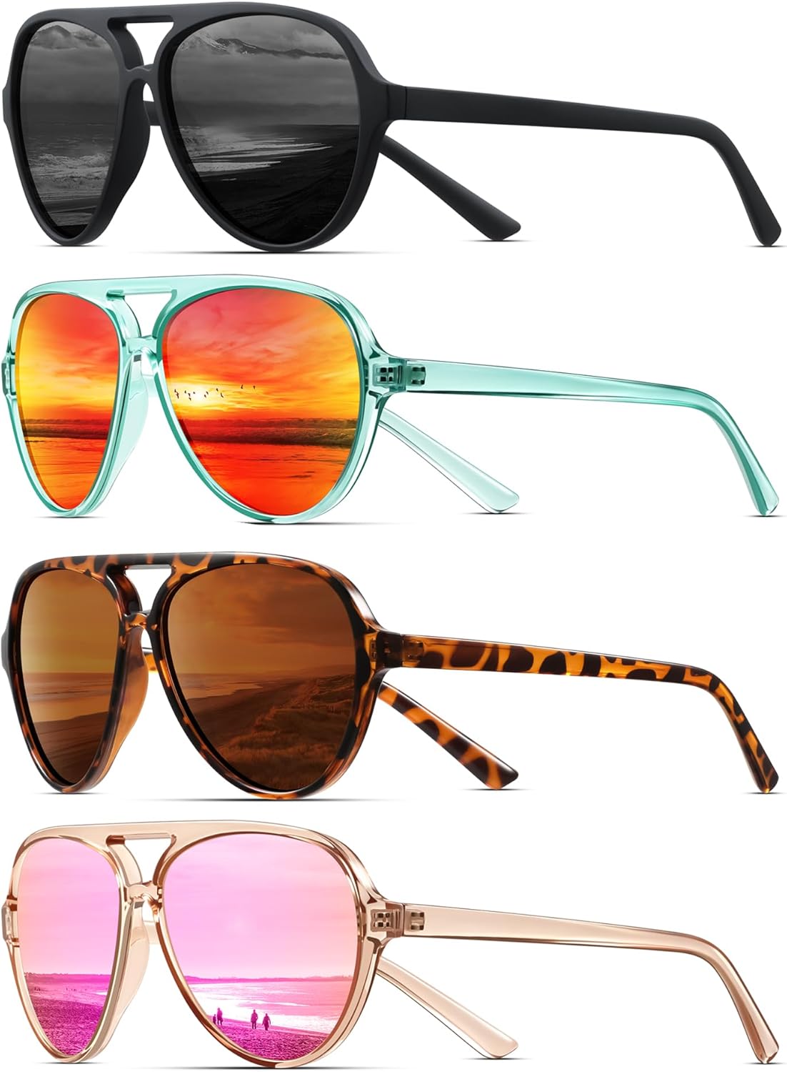 

Женские поляризованные солнцезащитные очки-авиаторы KUGUAOK в спортивном стиле для бега, оправа, предотвращающая спутывание линз, винтажный модный дизайн, 4pcs-black+green Red+leopard+clear Pink