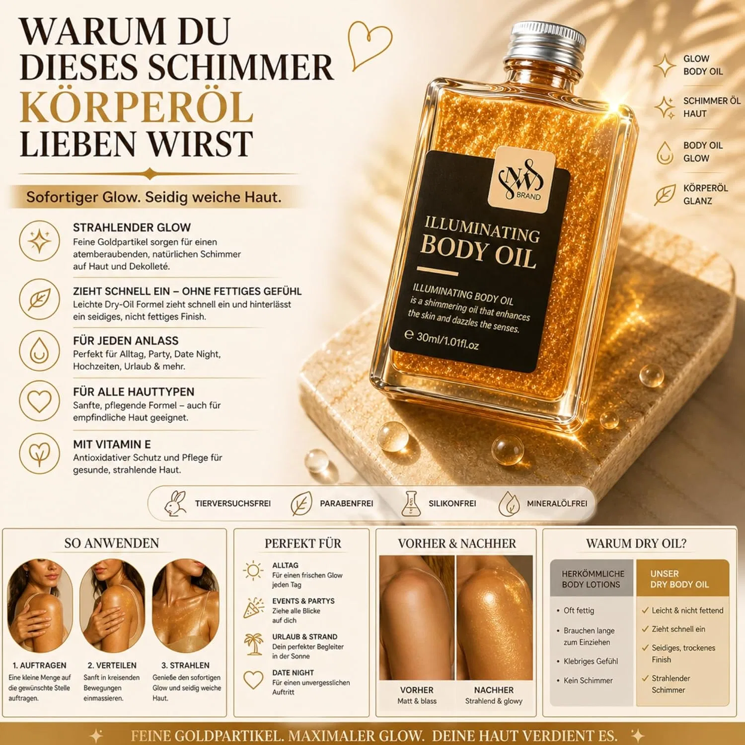 Набор мерцающего масла для тела Glow Body Oil с золотым шиммером, 2 x 30 мл Nw Brand — фото 3