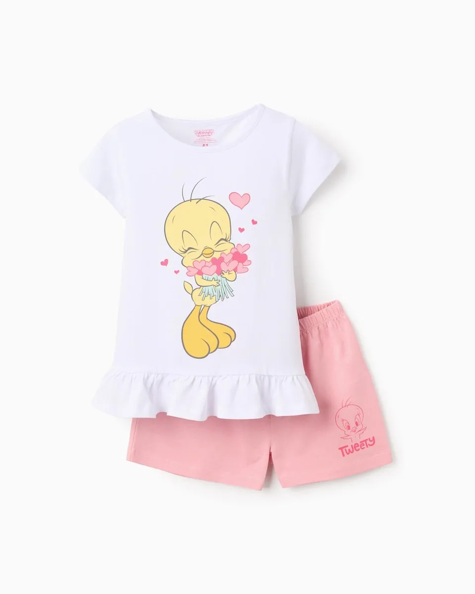 

Детская пижама для девочки, 100% хлопок, с принтом Твити и оборками Zippy, белый/розовый