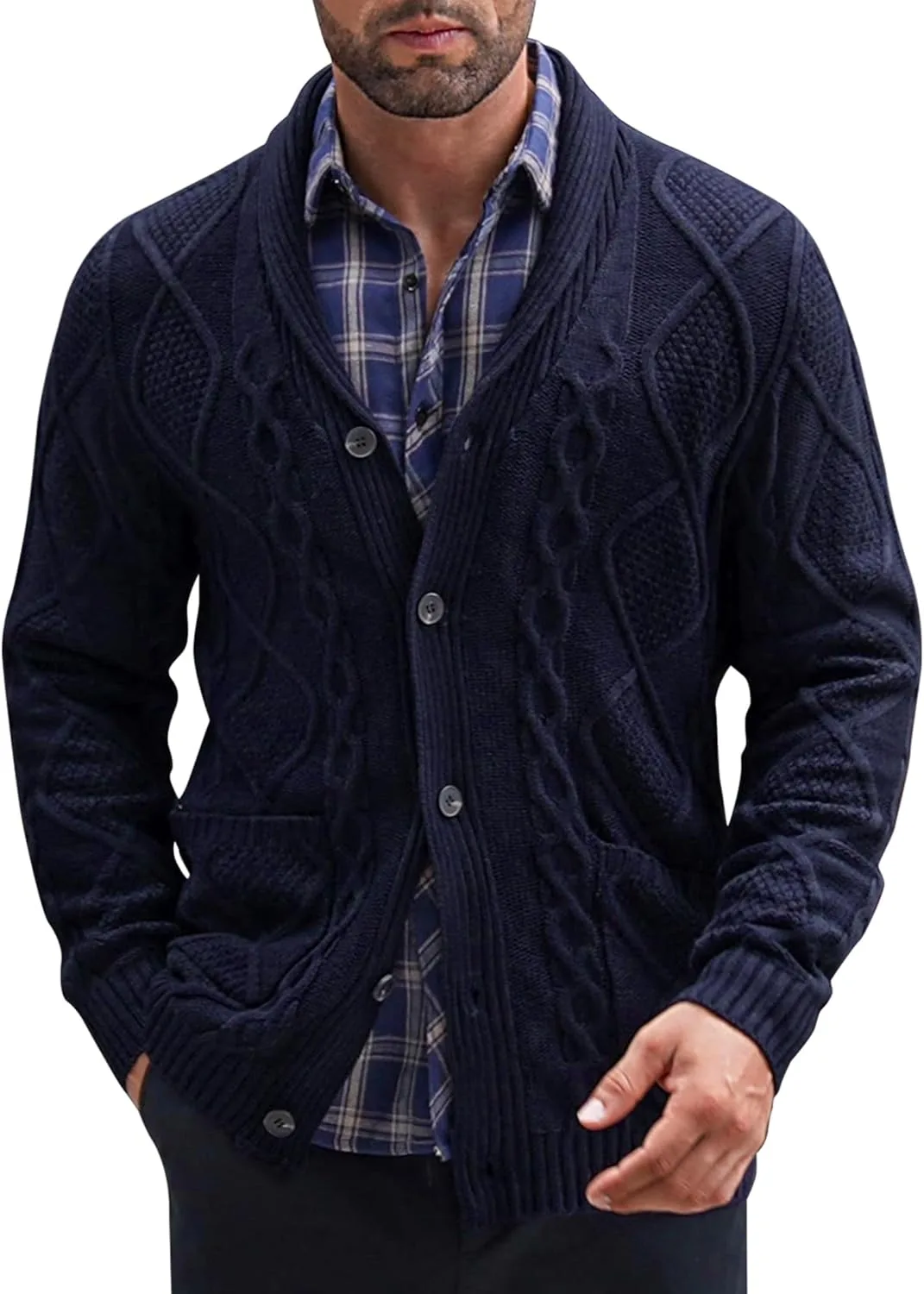 

Мужской кардиган с воротником-шалью, Slim Fit, с карманами COOFANDY