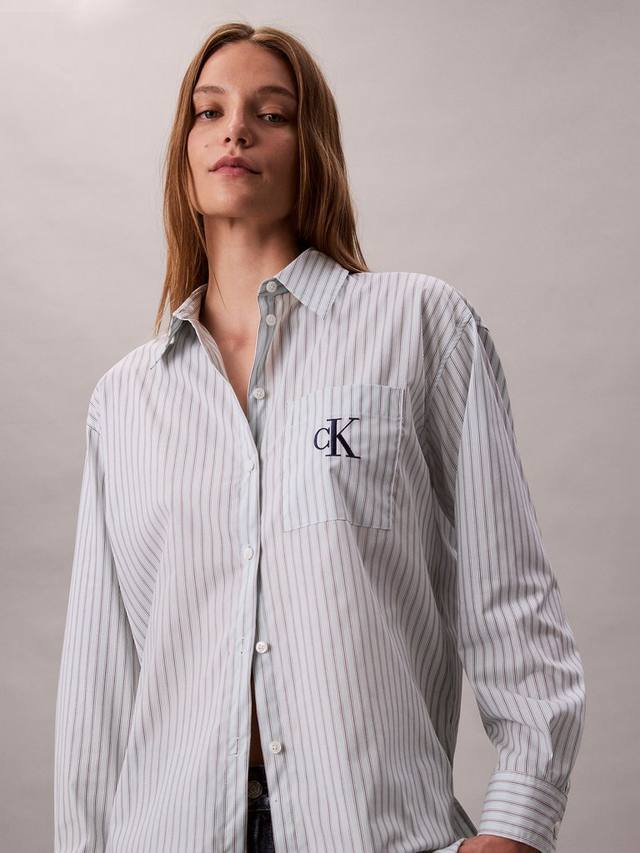 Хлопковая поплиновая рубашка с логотипом в полоску Calvin Klein, Pale Blue — фото 4