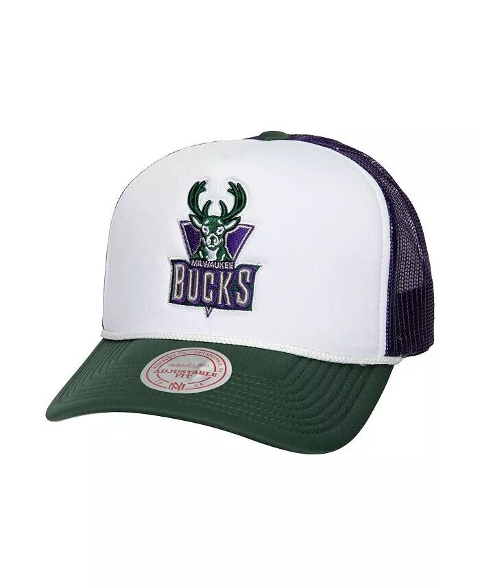 

Мужская белая кепка Mitchell Ness Milwaukee Bucks из твердой древесины, классическая кепка с блокировкой из пеноматериала спереди, кепка Trucker Snapback Mitchell & Ness, белый