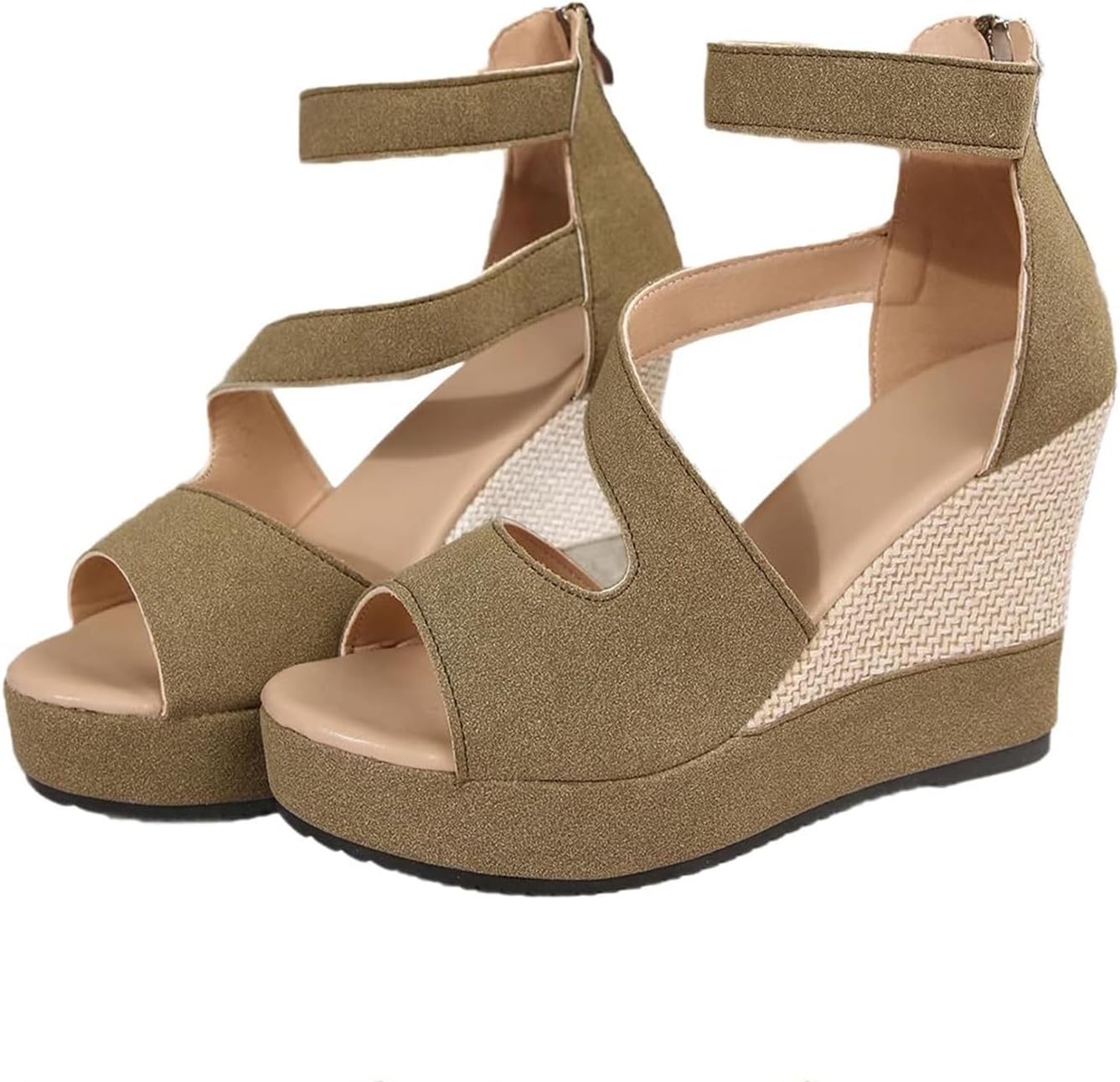 

Женские сандалии на платформе и танкетке с вырезами, задней молнией, модные сандалии с открытым носком, ремешком на щиколотке, летние туфли-обувь, противоскользящие ортопедические Toumov, хаки