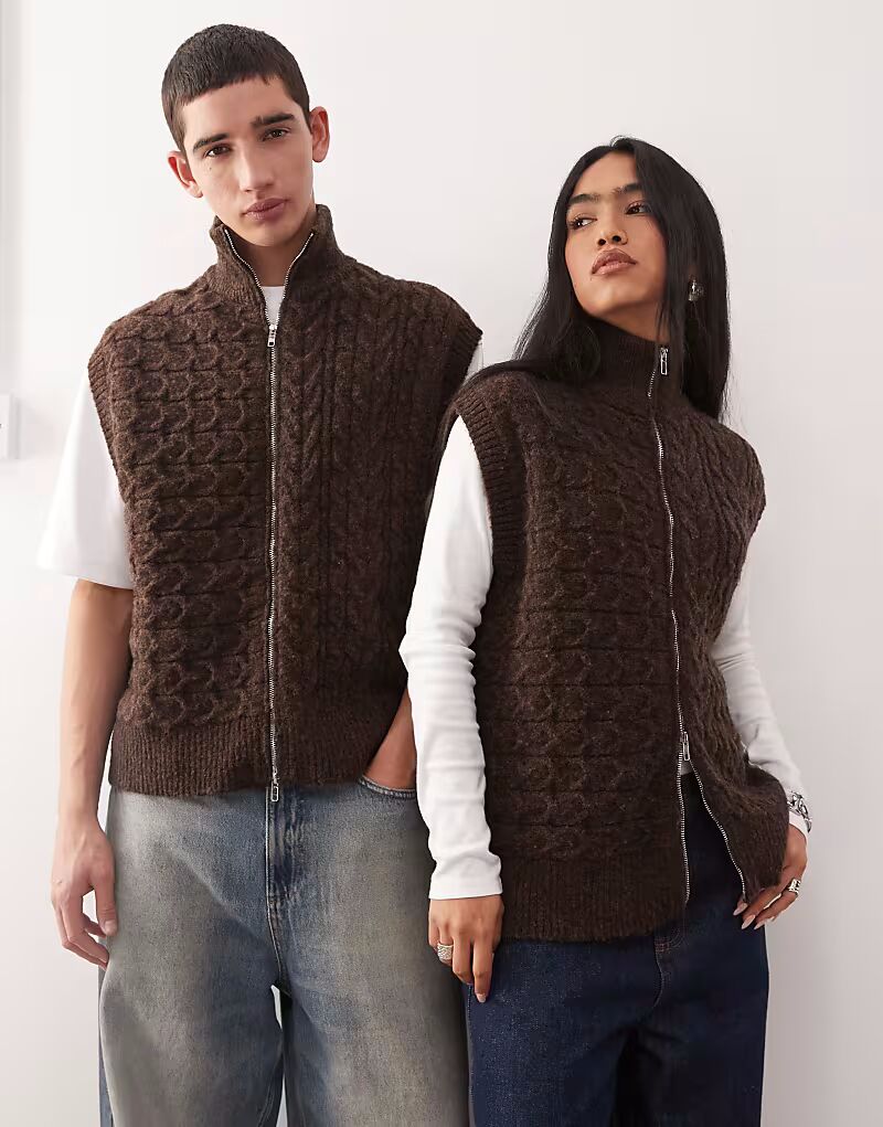 

Жилет унисекс с застежкой-молнией и косами, шоколадно-коричневого цвета Reclaimed Vintage