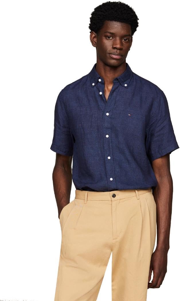 

Мужские повседневные льняные рубашки Tommy Hilfiger с коротким рукавом и застежкой на пуговицы, классический крой, Carbon Navy