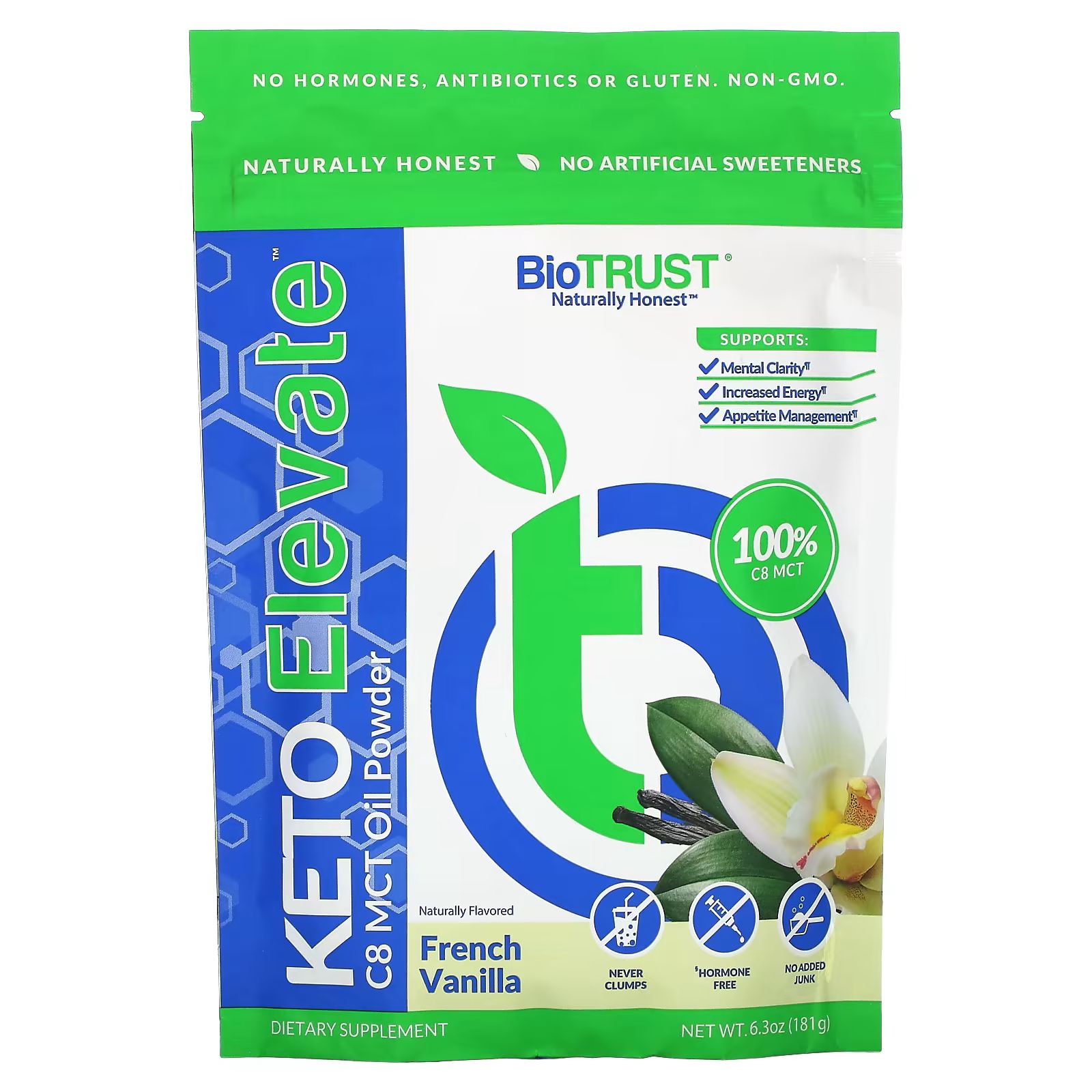 

Keto Elevate, Масляный порошок C8 MCT, французская ваниль, 6,3 унции (181 г) Biotrust