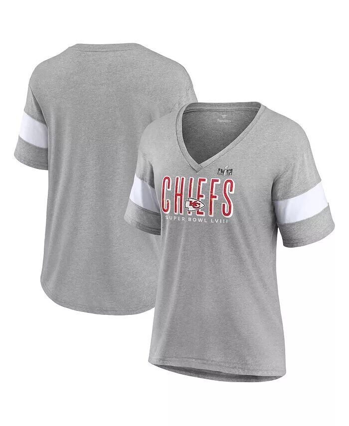 

Женская футболка Heather Grey Kansas City Chiefs Super Bowl LVIII Cheer Section Tri-Blend с V-образным вырезом Fanatics