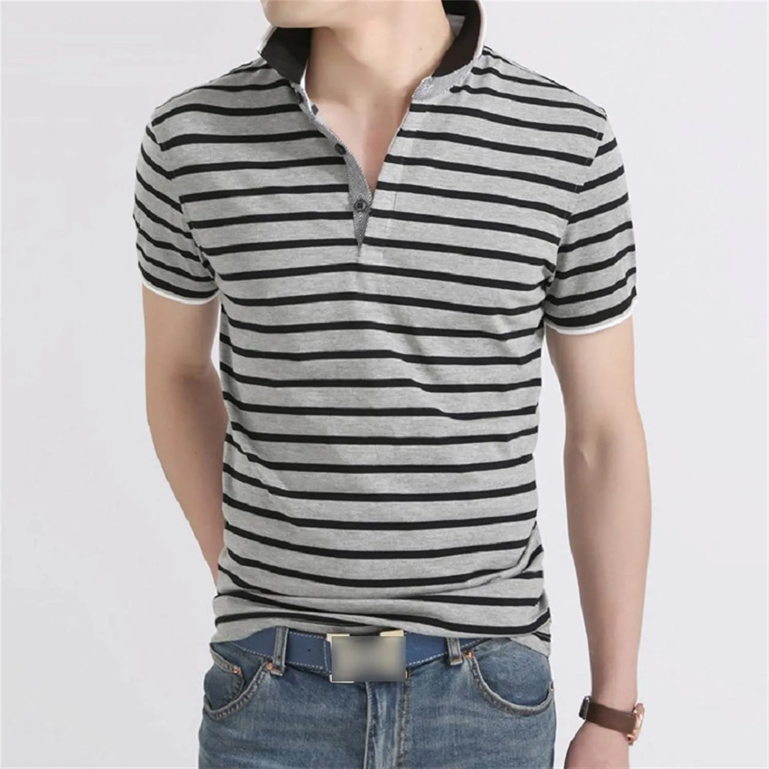 Мужская футболка с полосками на лацкане Slim-Fit — фото 2