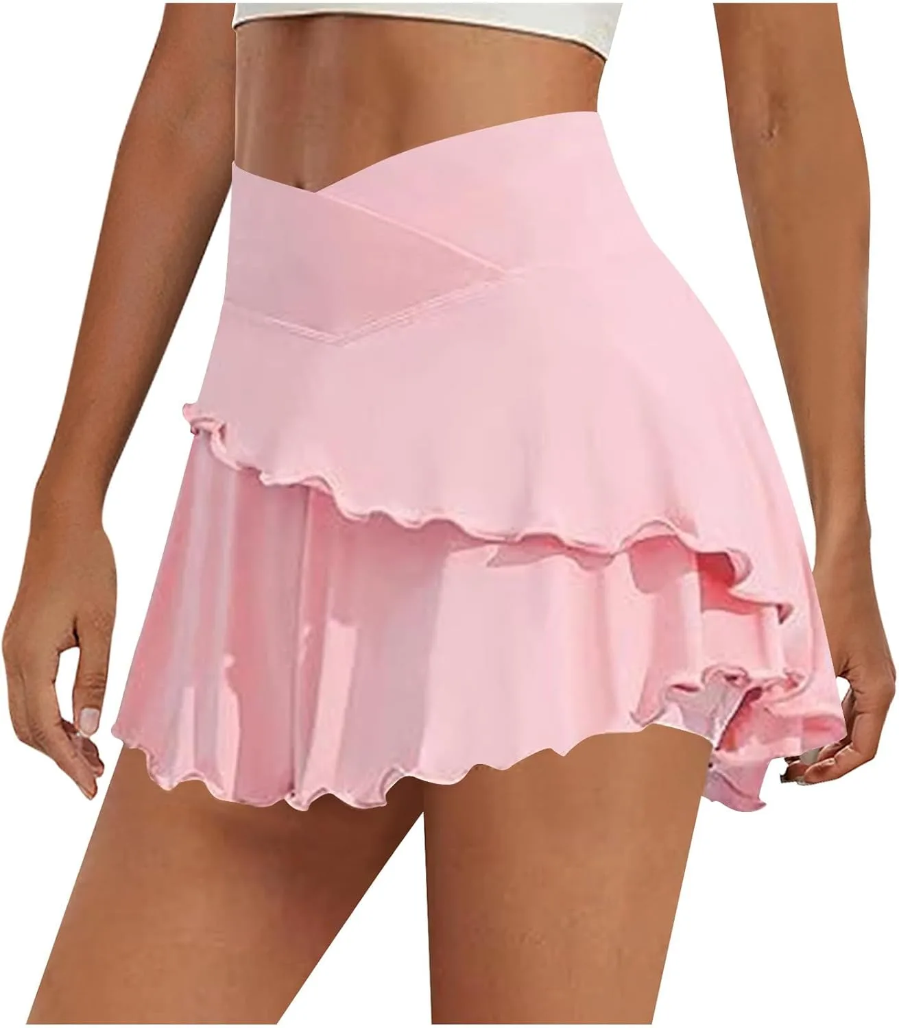 Теннисная юбка для женщин Crossover High Waist Ruffle Double Layer Workout Casual Mini Skirt Athletic Golf Solid Skort Generic, розовый