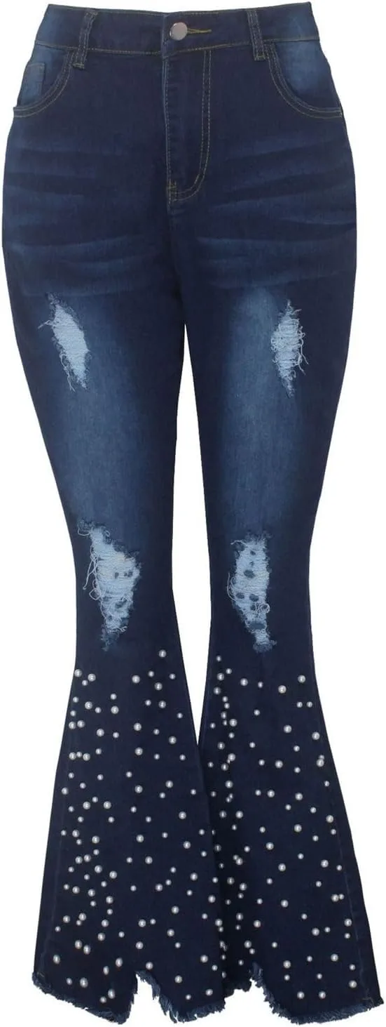 

DGHM-JLMY женские модные рваные джинсы bootcut с жемчугом, mid waisted, с бусинами, flare jegging, raw hem, bell bottom, colombian