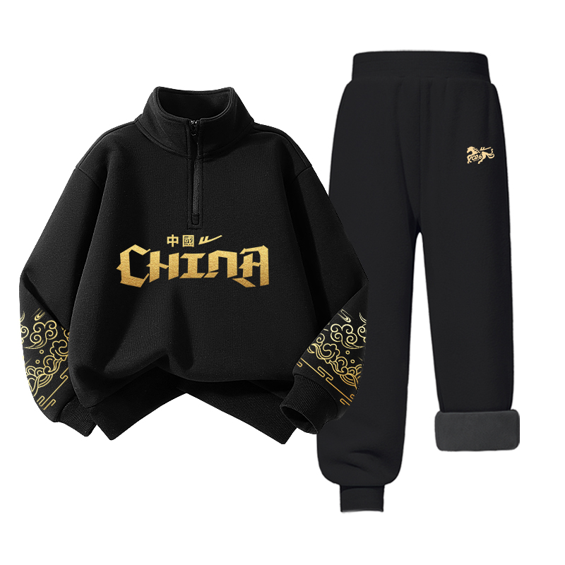 

Детская повседневная спортивная одежда WARRIOR, [new year stylish set]черный/h золото-stamped china+h left sleeve pattern золото-stamped k+h right sleeve pattern золото-stamped k-черный/h running horse золото-stamped k