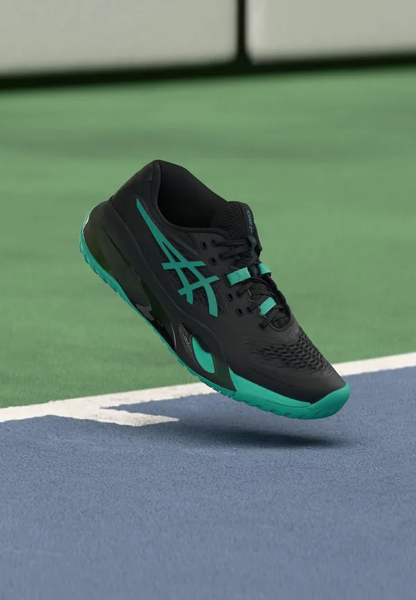 Универсальные теннисные кроссовки с гелевой чувствительностью. Asics, Black/Aurora Green