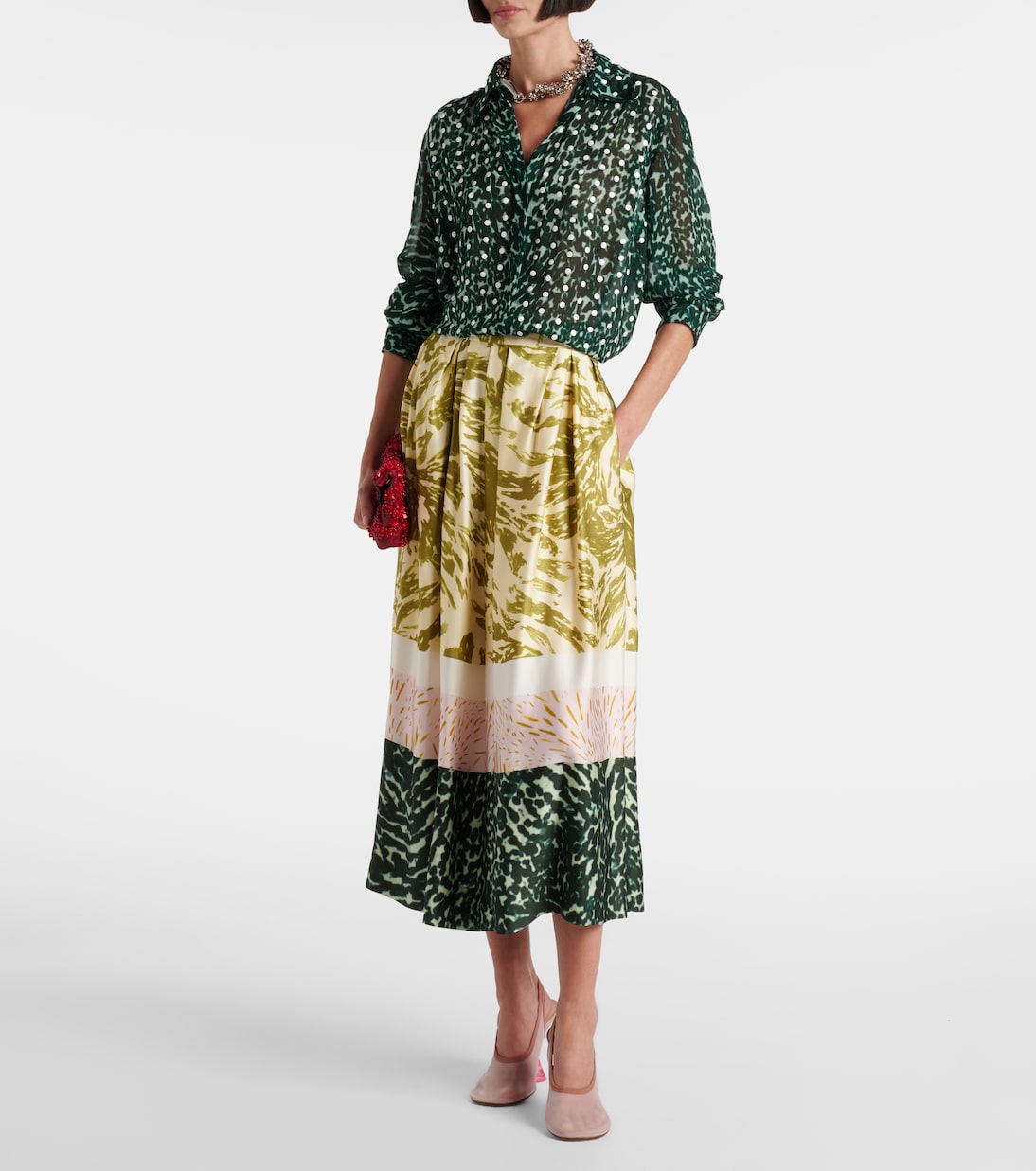 Печатная сатиновая миди-юбка Dries Van Noten, хаки — фото 2