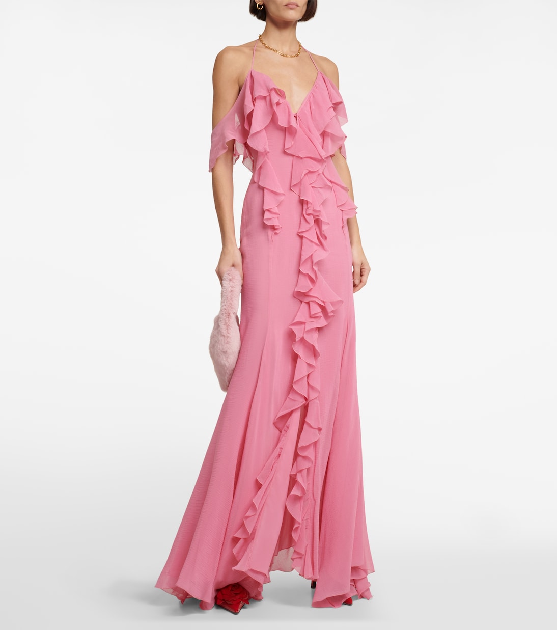 Длинное платье из хлопка и шелка с оборками Blumarine, Bubblegum — фото 2