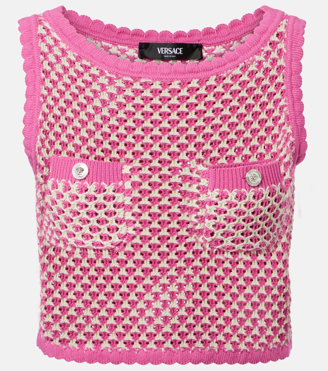 

Кроп-топ из хлопковой смеси с вязаным узором Versace, Eggshell+Guava