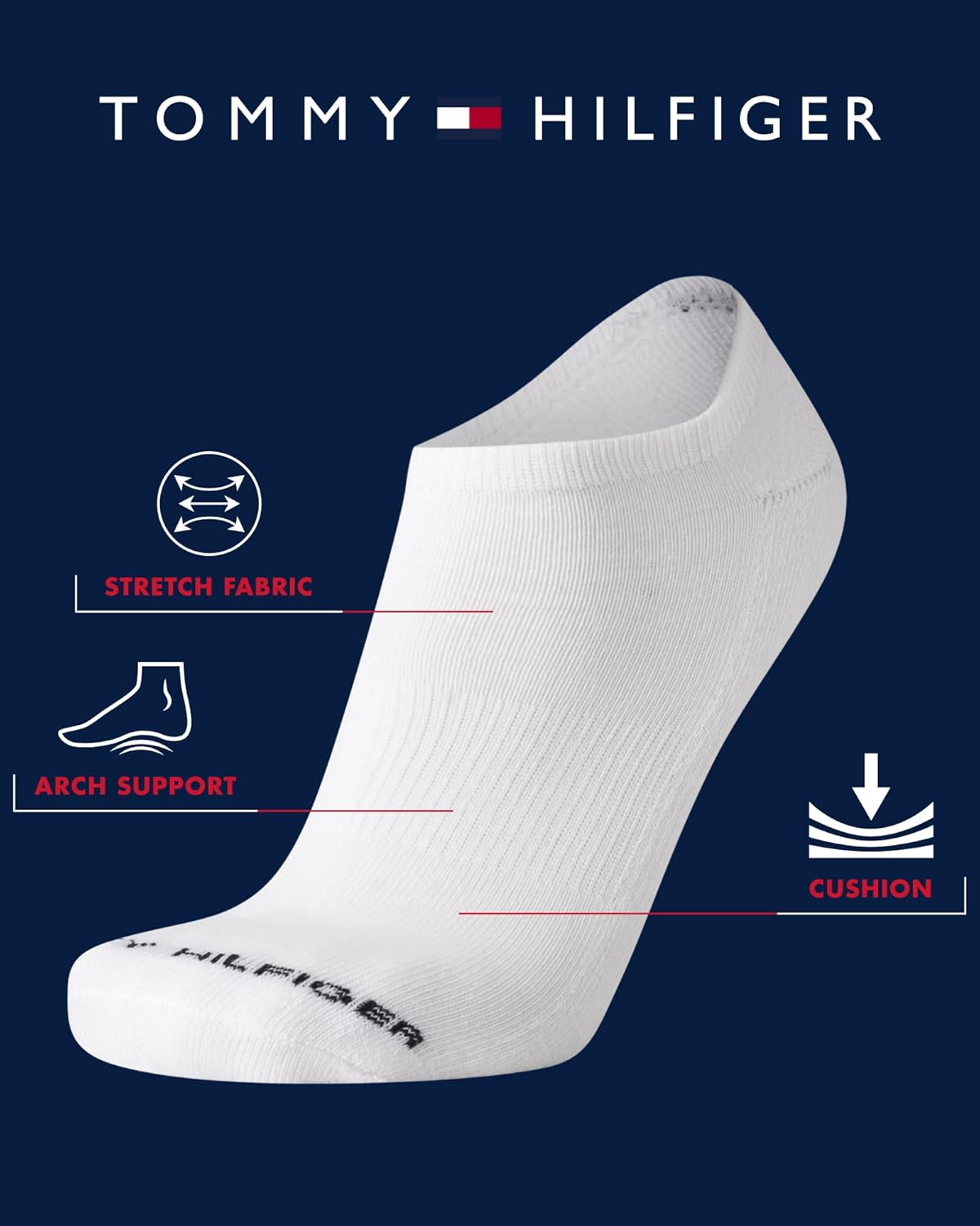 Мужские носки Tommy Hilfiger, непромокаемые, 6 пар, из хлопковой смеси, эластичные, мягкие, с мягкой подкладкой, повседневные, спортивные, с низким вырезом, White Multi — фото 2