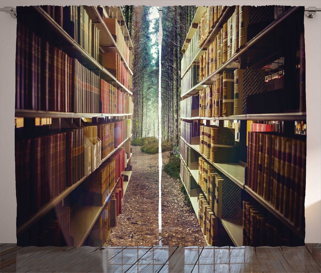 

ABAKUHAUS Книжная полка Деревенская штора, Абстрактная библиотека в лесу, Универсальные ленточные шторы для гостиной с петлями и крючками, 280 x 225 см, Разноцветные