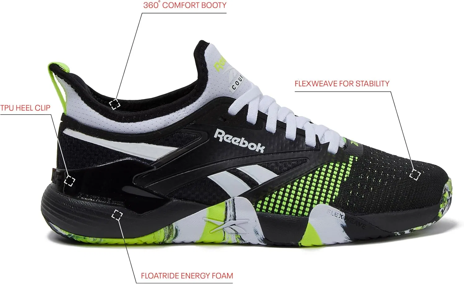 Кроссовки для корта Reebok Nano Court, белый/черный/цифровой лайм — фото 2