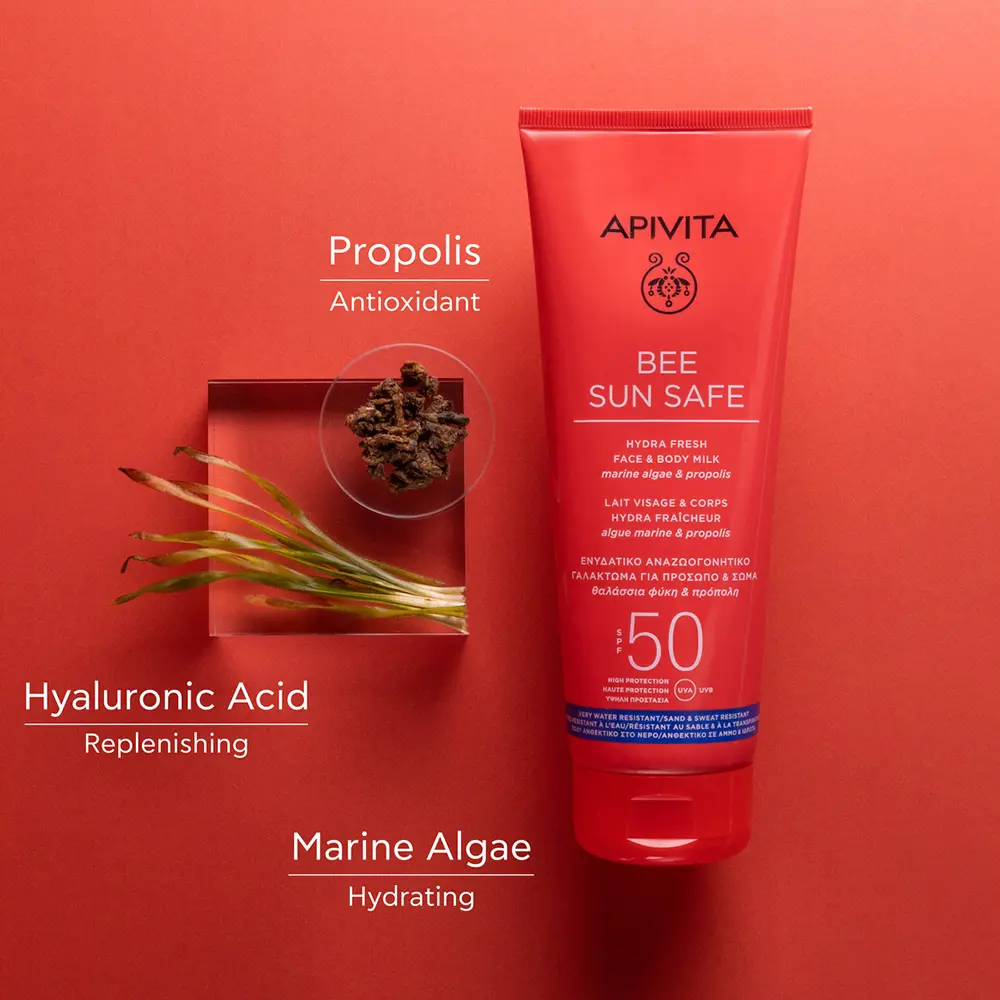 Солнцезащитный крем Bee Sun Safe Hydra Fresh Leche Para Rostro Y Cuerpo Spf 50 Apivita, 200 мл — фото 3