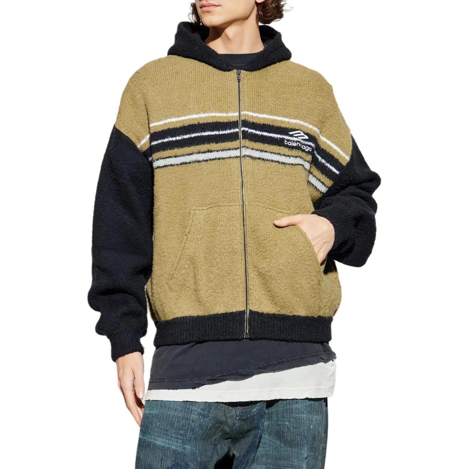 Худи с капюшоном в полоску zip Balenciaga, черный/хаки — фото 3