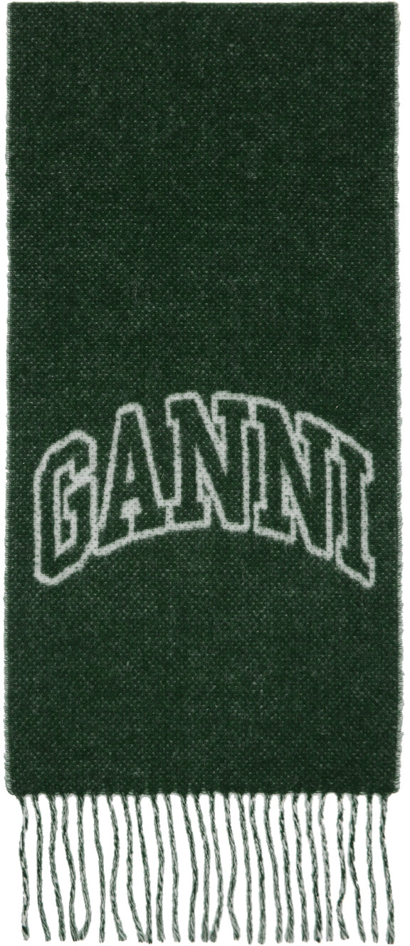 

Зеленый шерстяной шарф с бахромой GANNI