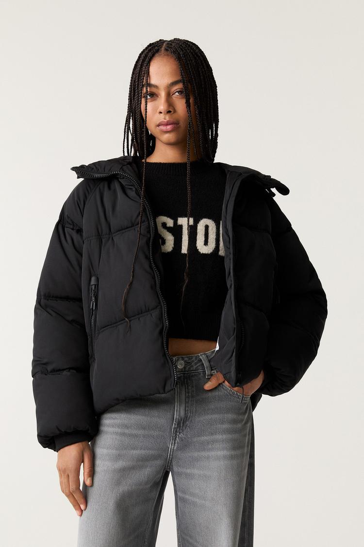

Пуховик с капюшоном Pull And Bear, черный
