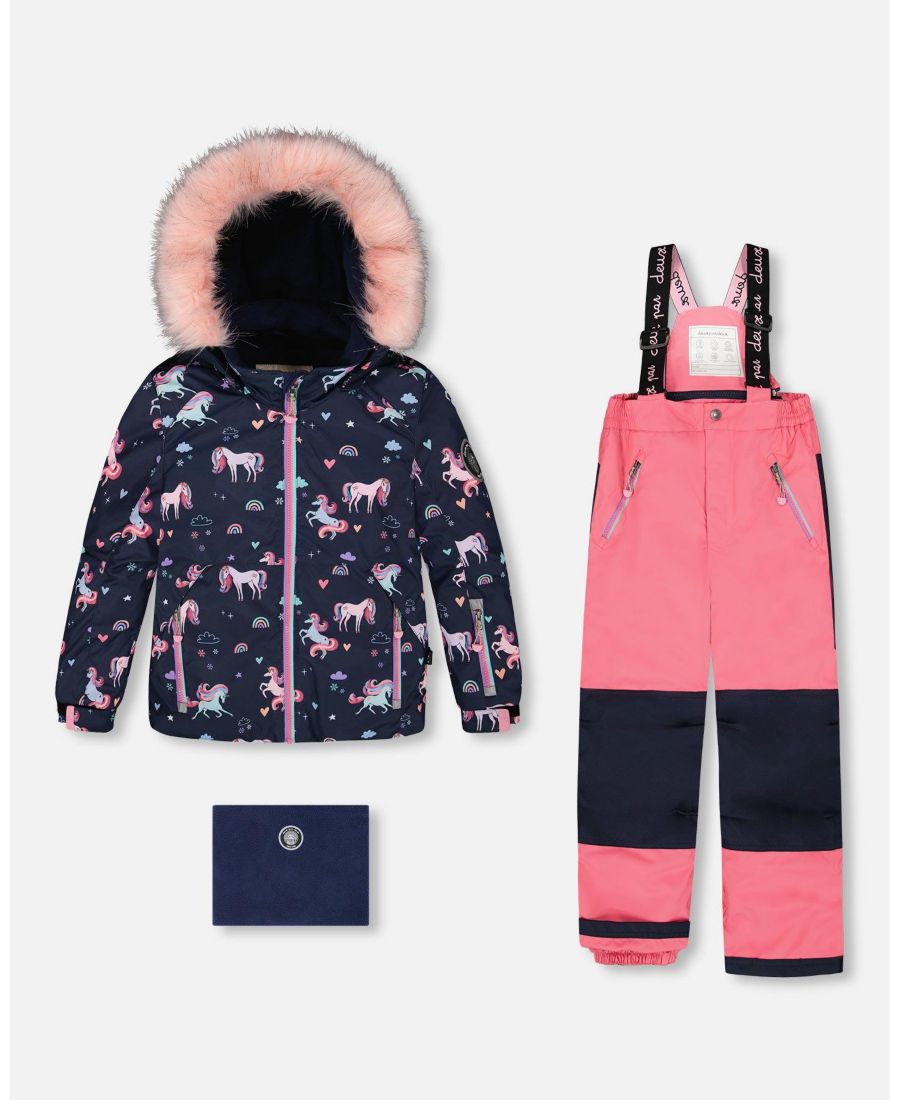 

Детский комбинезон для игр и зимних развлечений для девочек, состоящий из двух частей: куртки с принтом и однотонных штанов, нежно-розового цвета - для малышей и детей Deux par Deux, Candy pink