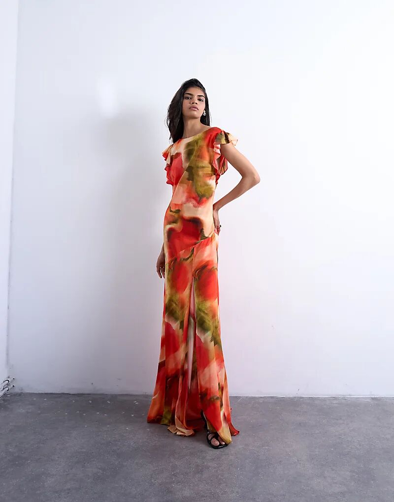 

Платье макси Topshop с рукавами-фонариками и абстрактным цветочным принтом