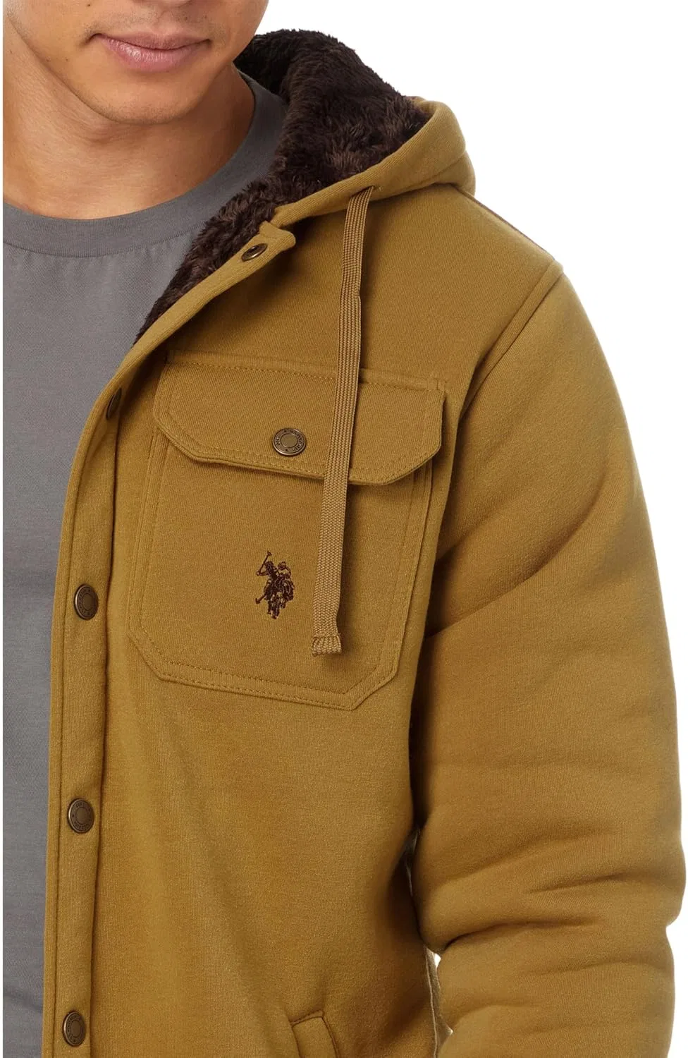 U.S. POLO ASSN. Мужская флисовая рубашка-куртка Sherpa с капюшоном, коричневый — фото 3