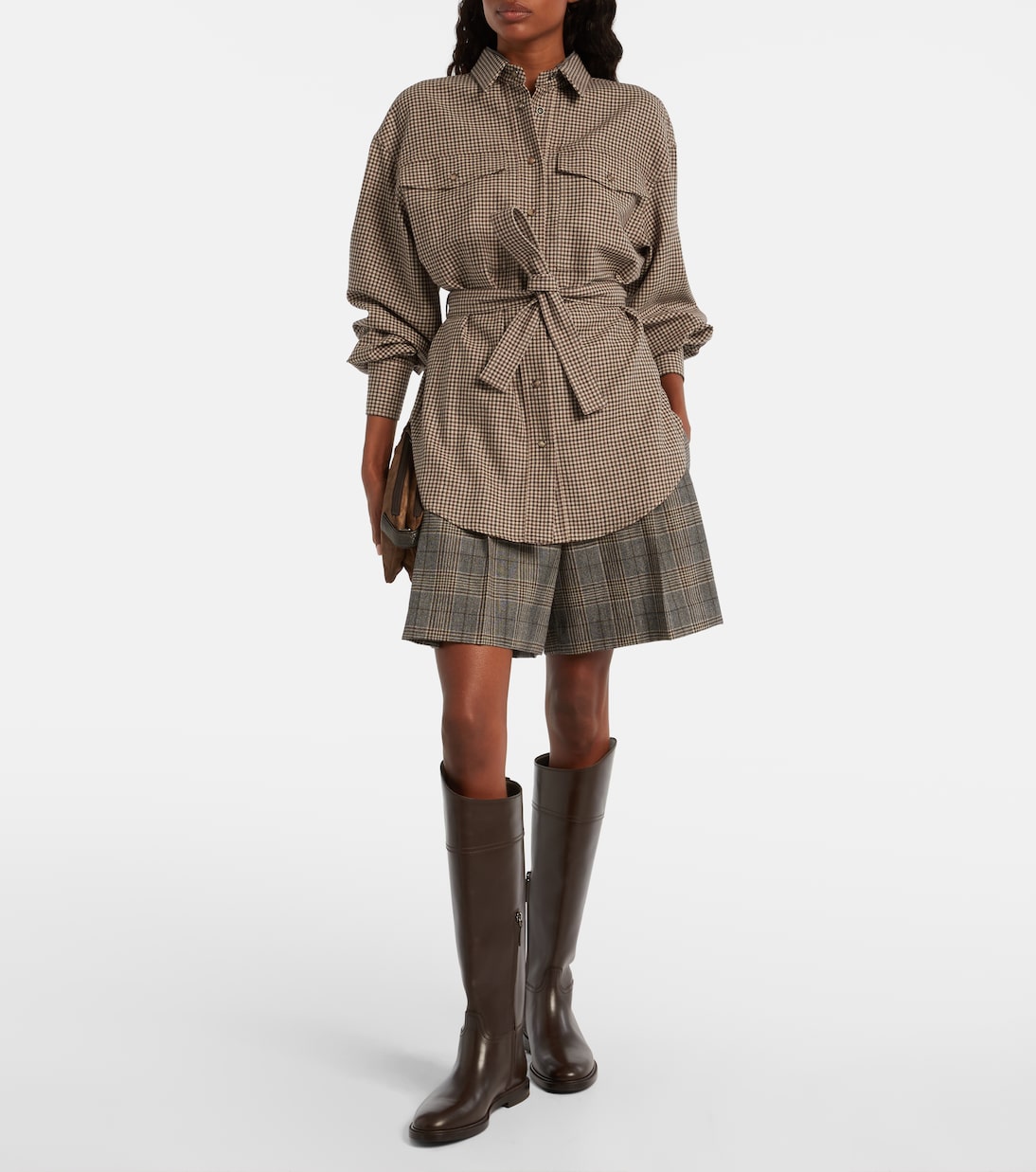 Клетчатая верхняя рубашка из натуральной шерсти Brunello Cucinelli, Brown And Beige — фото 2