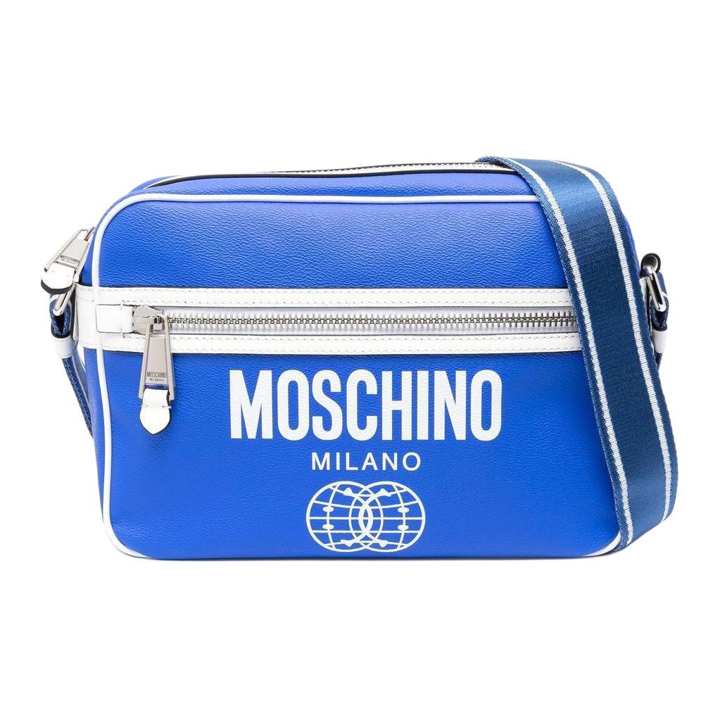 

Кожаная сумка через плечо, наплечная сумка мужская синяя/белая MOSCHINO