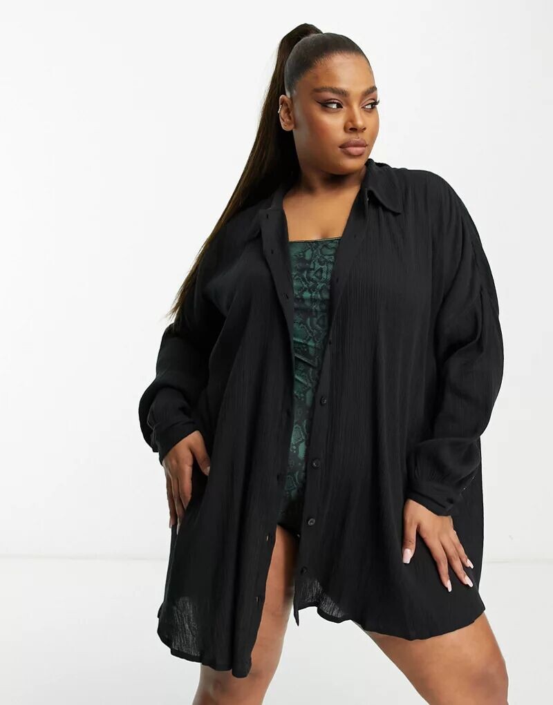 

Черная жатая пляжная рубашка ASOS DESIGN Curve