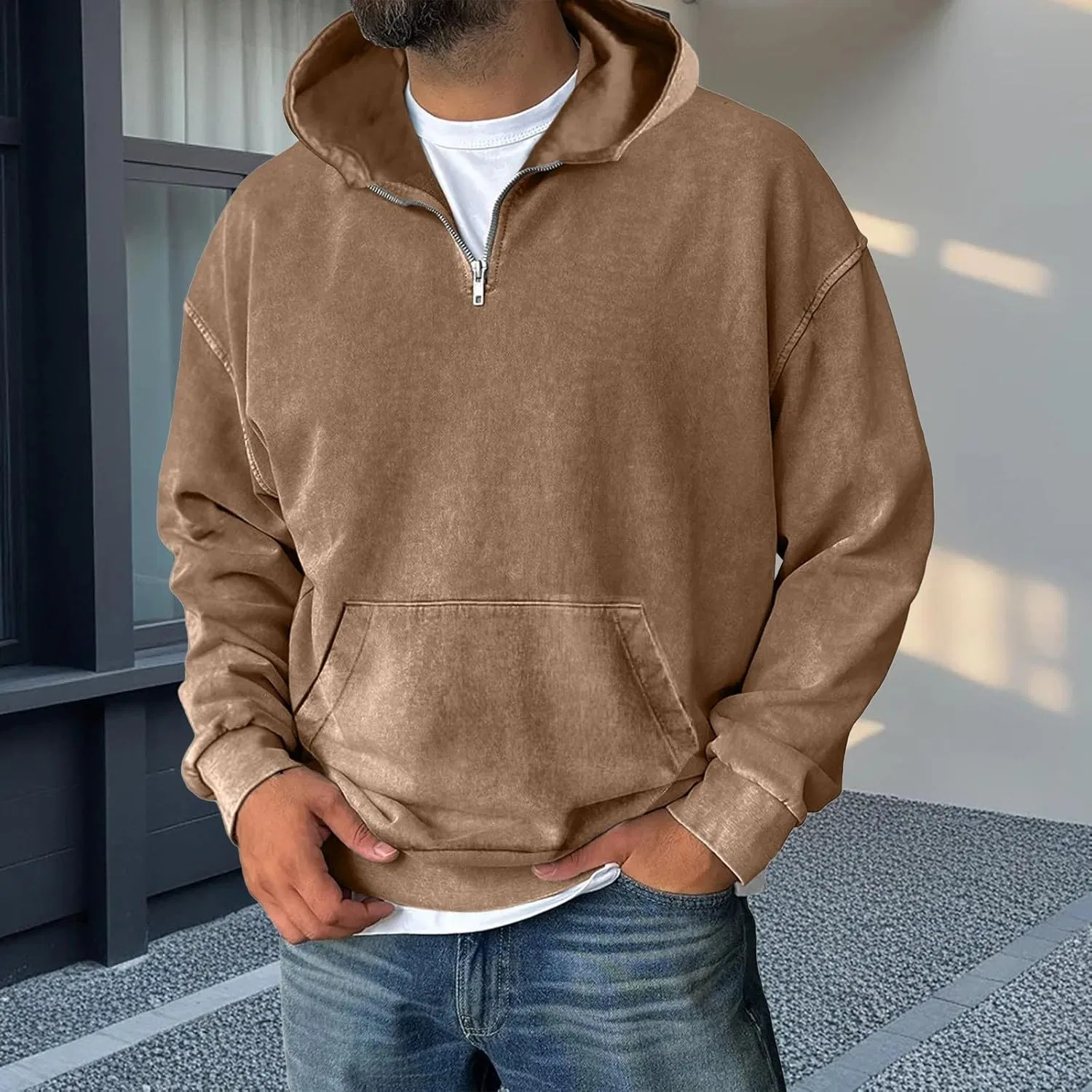 Худи мужское с капюшоном, quarter zip, выбеленный, бренд Generic, цвет Brown — фото 2