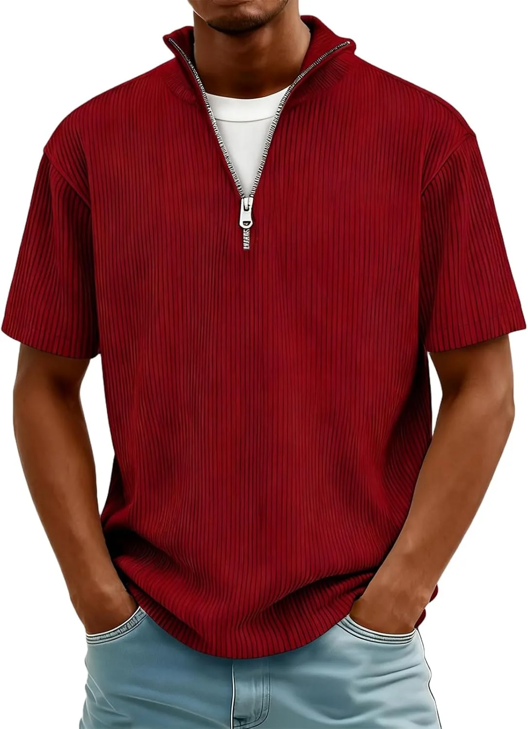 

Короткий рукав, мужская футболка Corduroy Ribbed Knit Quarter Zip, Casual, Oversized