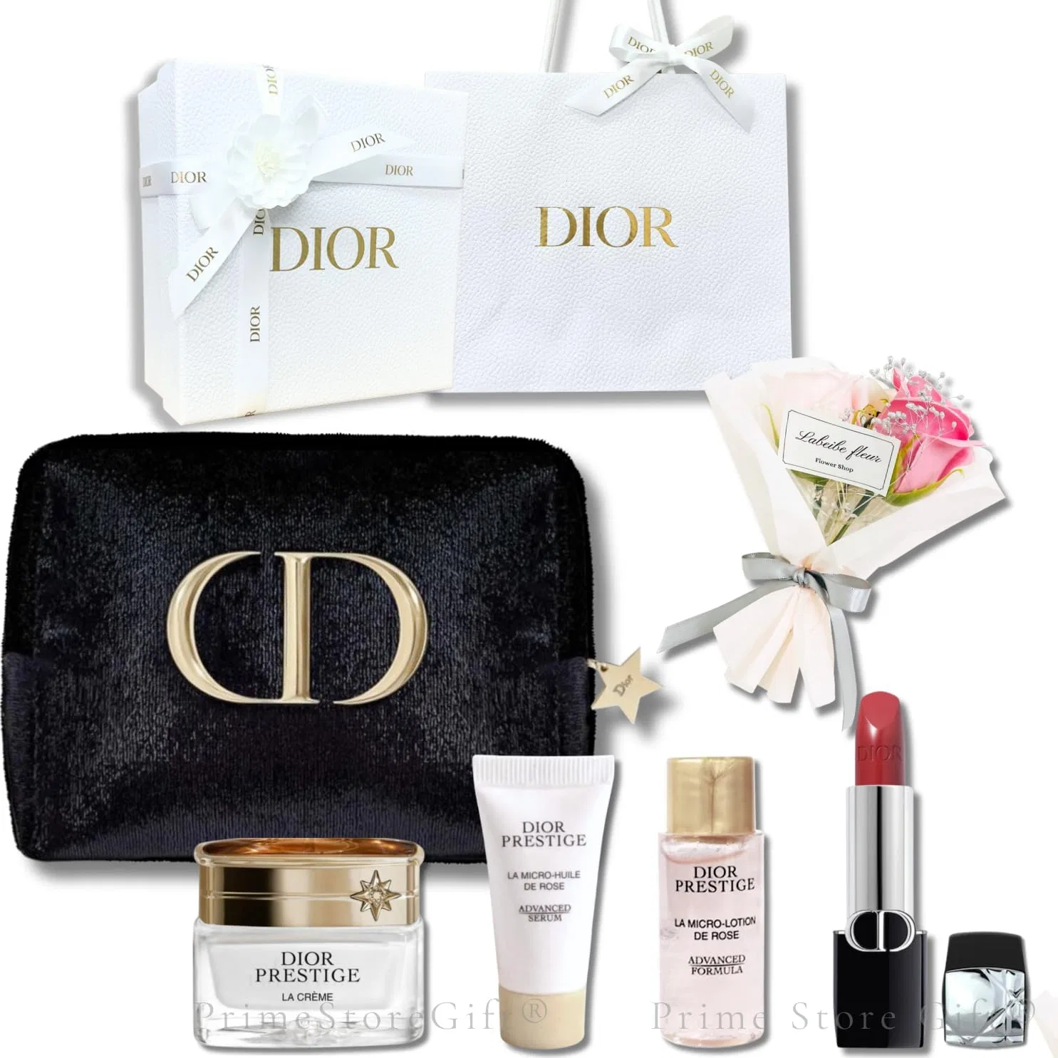 Набор средств по уходу Dior Prestige Travel Set (тонер, сыворотка, крем) + помада