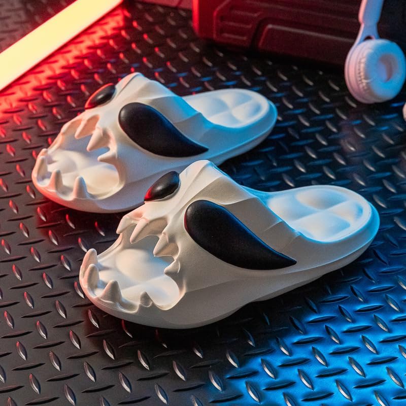 FSwinder Skull Ghost Slides, спортивные сандалии, противоскользящие облачные тапочки для мужчин и женщин, удобные домашние туфли с открытым носком, домашние туфли для открытого пальца, Хэллоуин Skull Slides, толстые мягкие туфли для душа, белый — фото 2
