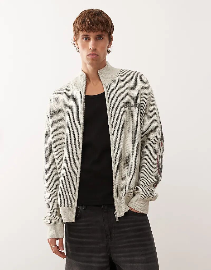 

Вязаная куртка Ed Hardy «Жизнь до чести» с меховой отделкой на молнии в бежево-черном цвете