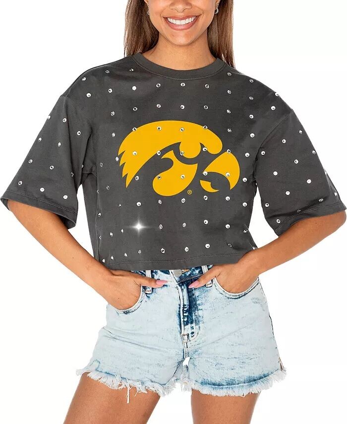 

Женская серая укороченная футболка Iowa Hawkeyes Go Time со стразами Gameday Couture