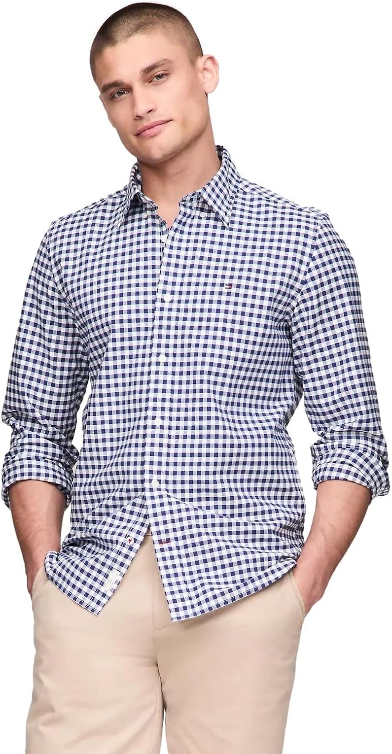 

Мужская фирменная рубашка TOMMY HILFIGER с длинным рукавом и застежкой на пуговицы, классического кроя, коллекция 2025 года, Gingham Dark Navy.
