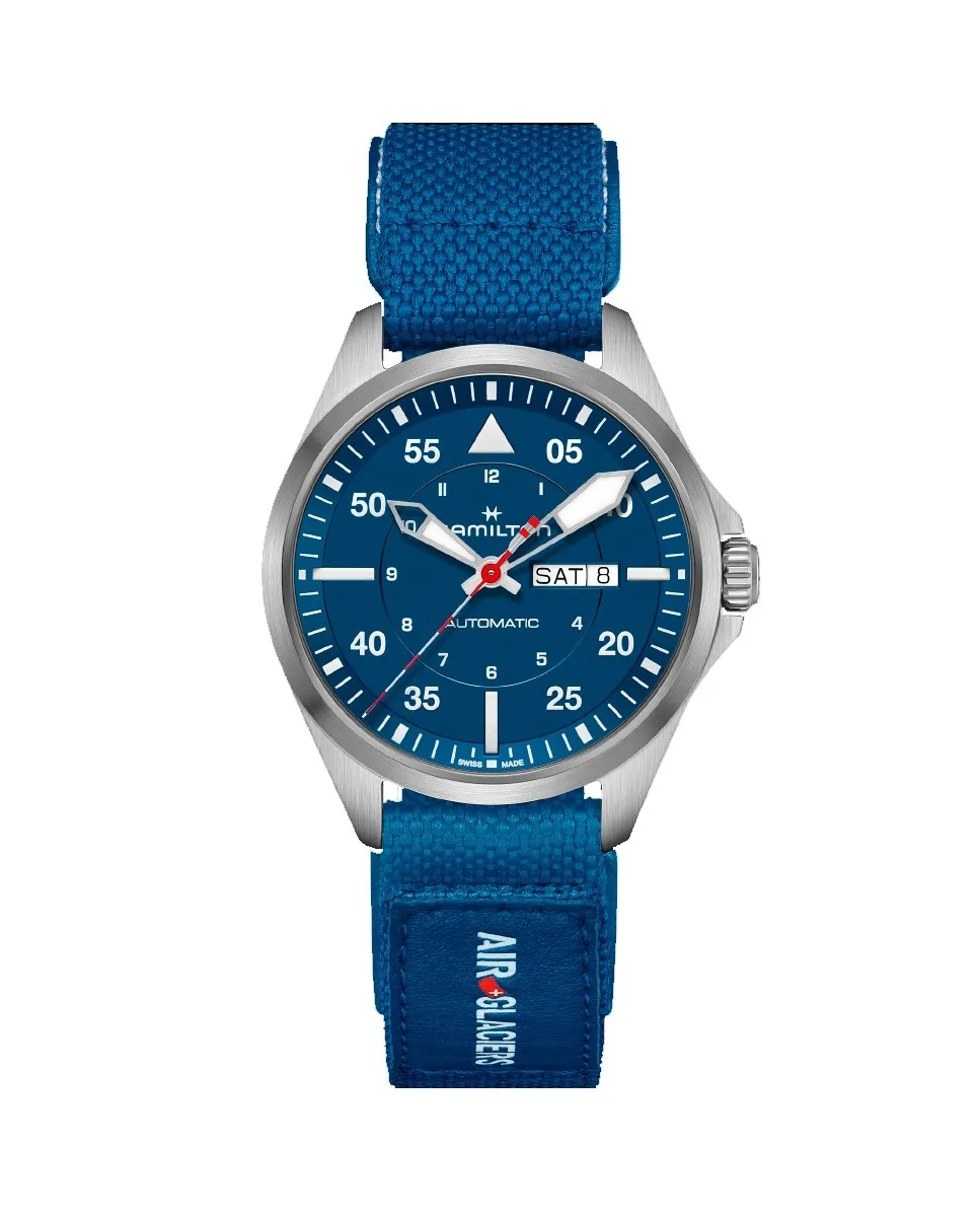 

Мужские часы с автоматическим механизмом Air Glaciers Edition с хаки-авиацией Pilot Day Date Auto H64655941 Hamilton, синий