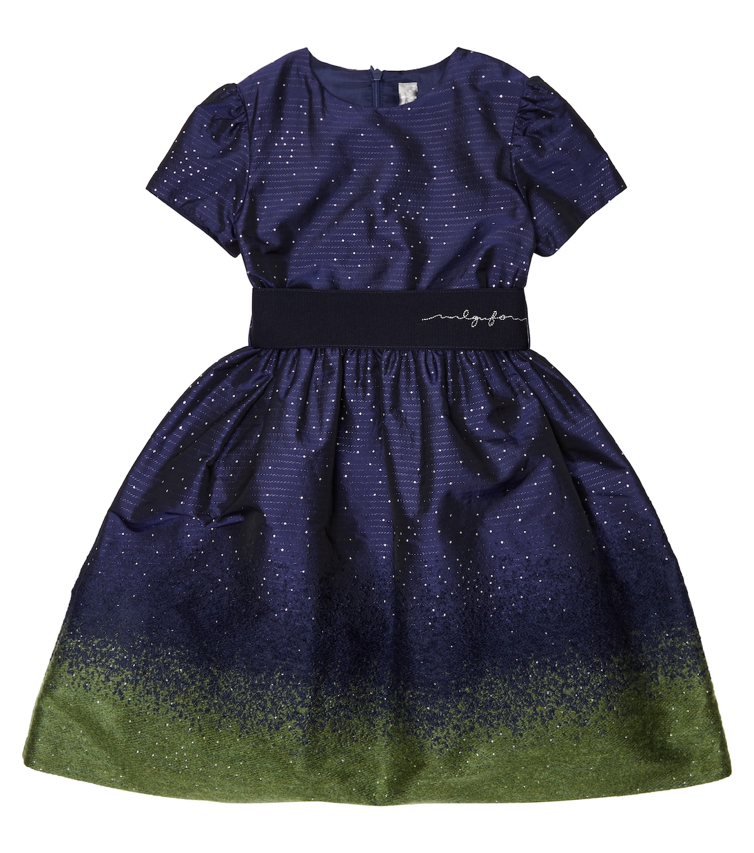 Атласное платье, украшенное блестками Il Gufo, Blue/Leaf Green