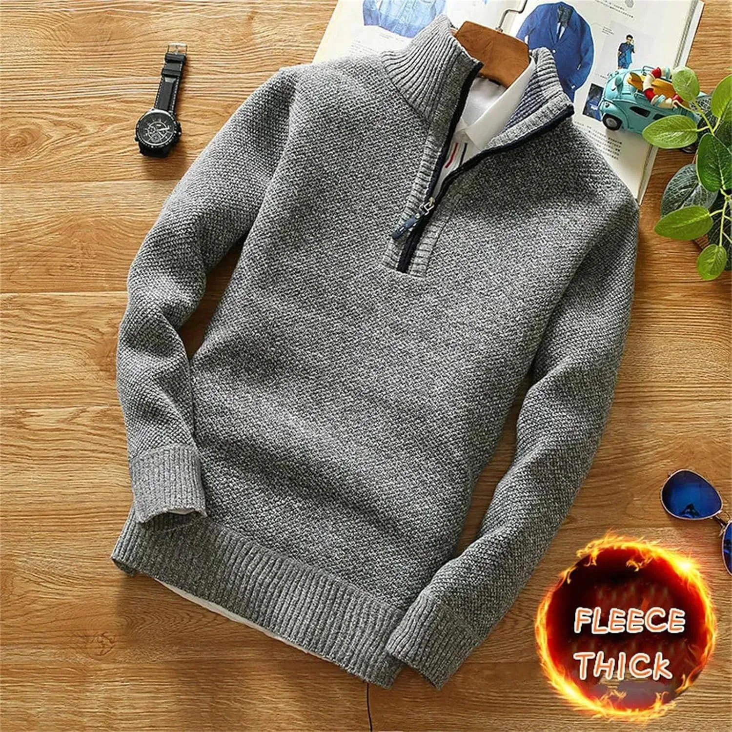 Зимний флисовый свитер мужской полузастежка водолазка теплый пуловер slim knitted wool — фото 2