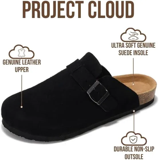 Мужские сабо Project Cloud - 100% натуральная кожа полного зерна, с мягкой подошвой из памяти формы и поддержкой свода стопы, натуральная пробковая стелька - нескользящие домашние тапочки для мужчин (Бруклин), черный