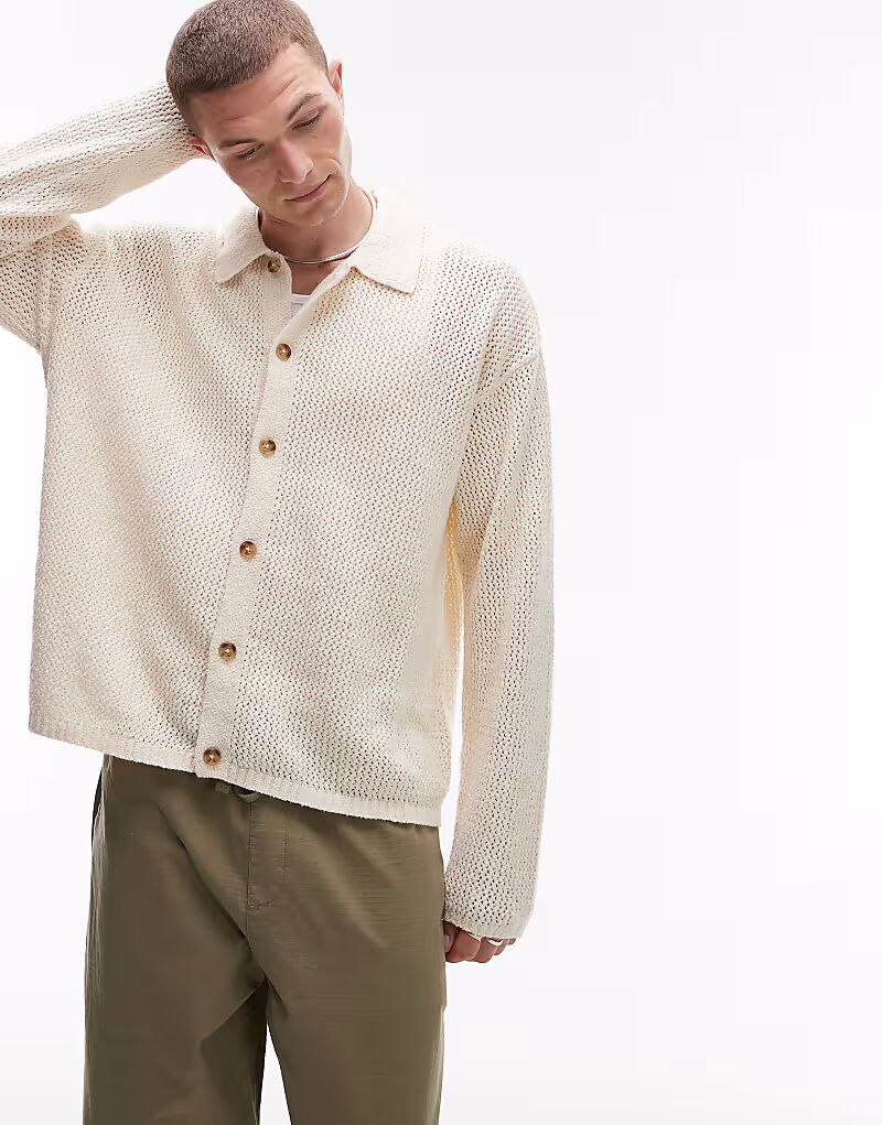 

Футболка-поло Topman с длинными рукавами, вязанная крючком, в каменном цвете